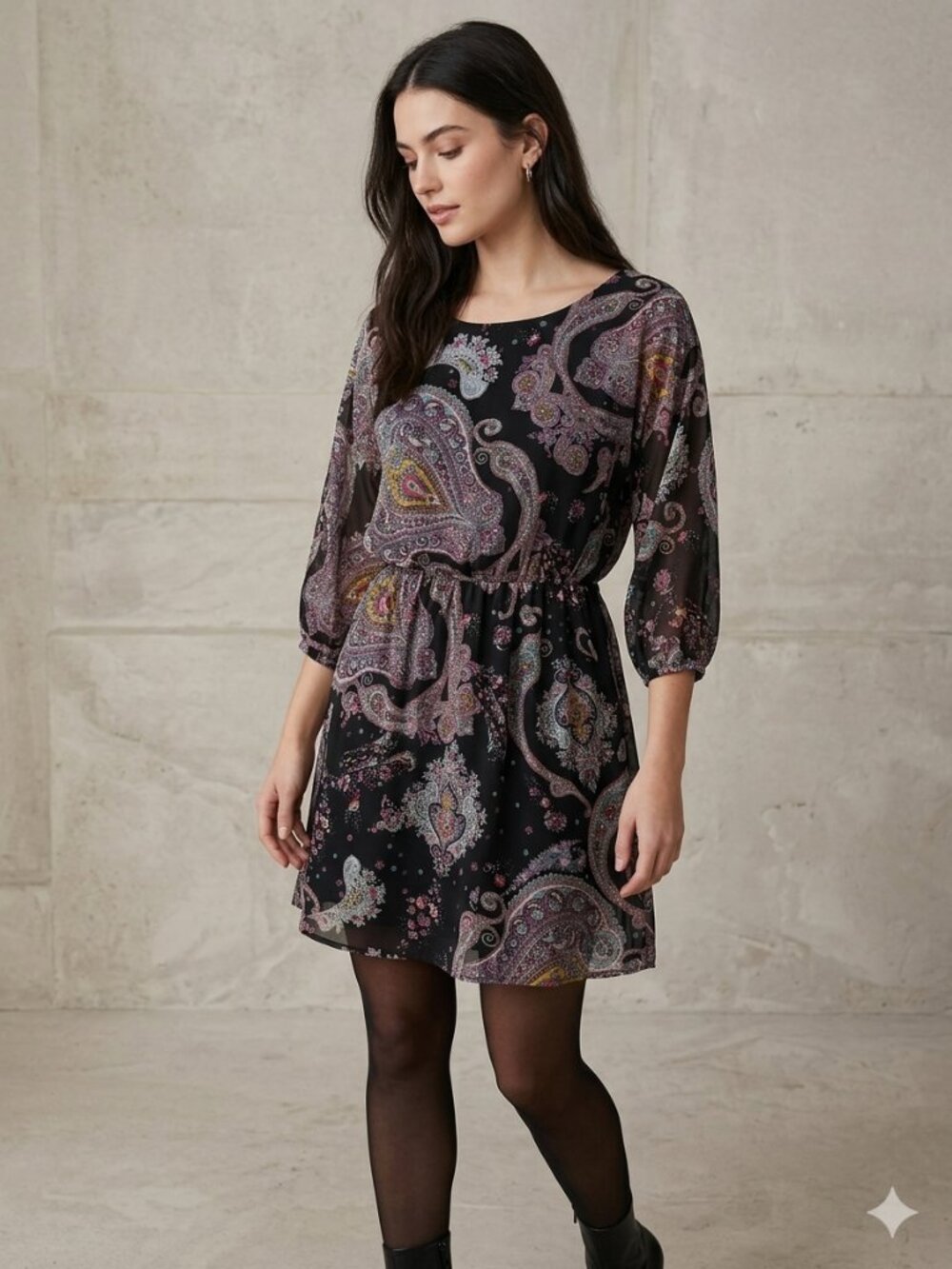 Express Black Paisley Chiffon Mini Dress Size S Purple Teal Blouson 3/4 Sleeve
